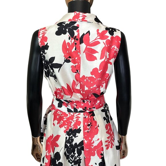 Jessica Howard Pink Black Floral Fit & Flare Dress Size 12 Belted Pleated Midi - Picture 6 of 11